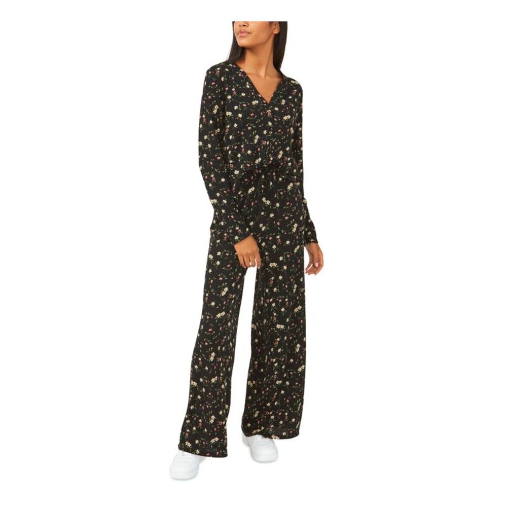 RILEY&RAE Womens Black Stretch Ribbed Floral Long Sleeve V Neck Button Up Top L - Picture 3 of 3